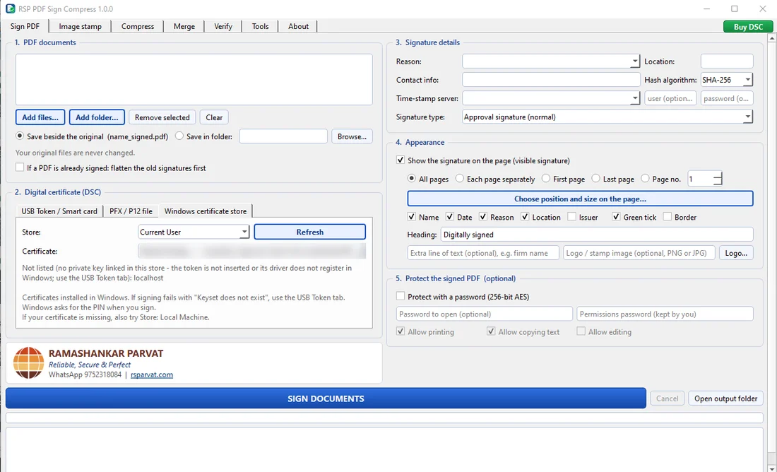 Sign PDF tab of RSP PDF Sign Compress