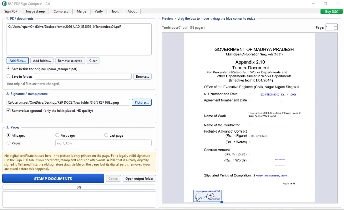 Image stamp tab of RSP PDF Sign Compress
