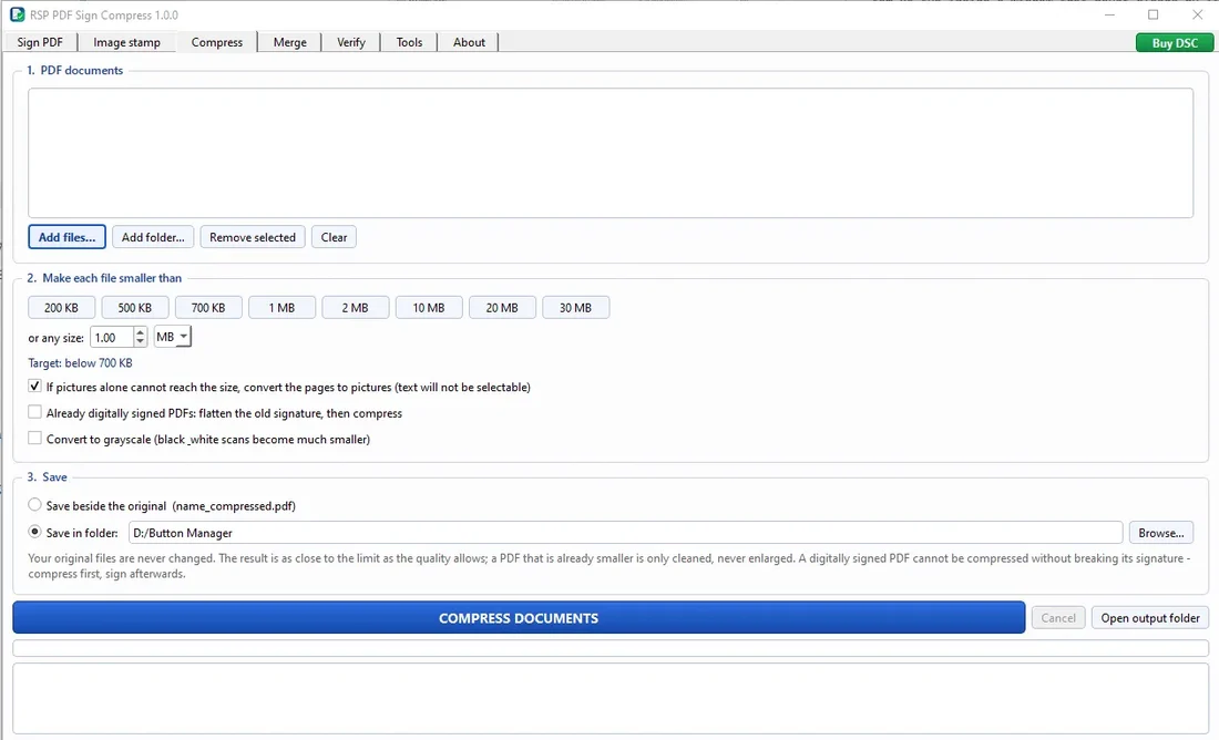 Compress tab of RSP PDF Sign Compress