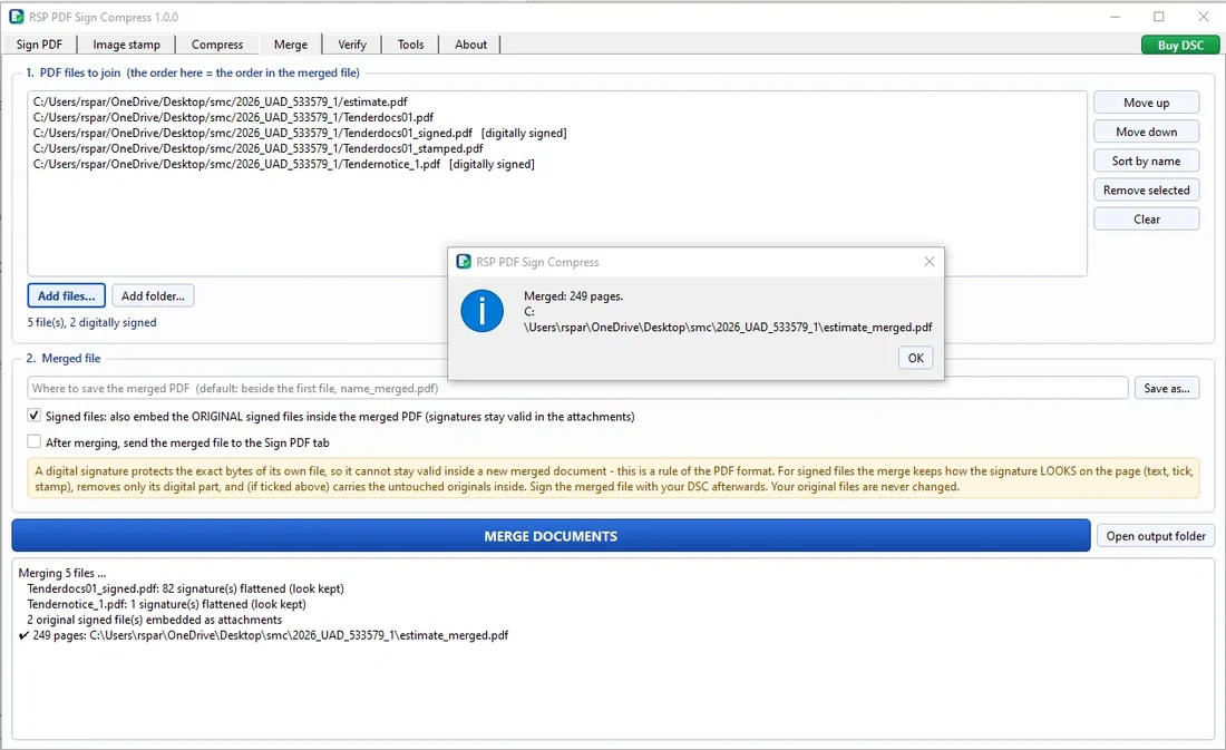 Merge tab of RSP PDF Sign Compress