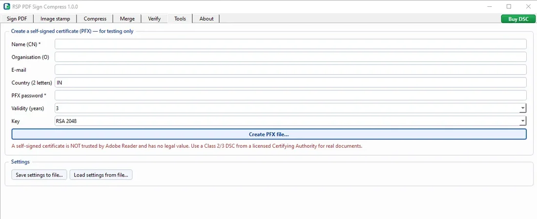 Tools tab of RSP PDF Sign Compress