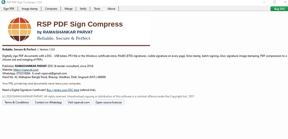 About tab of RSP PDF Sign Compress